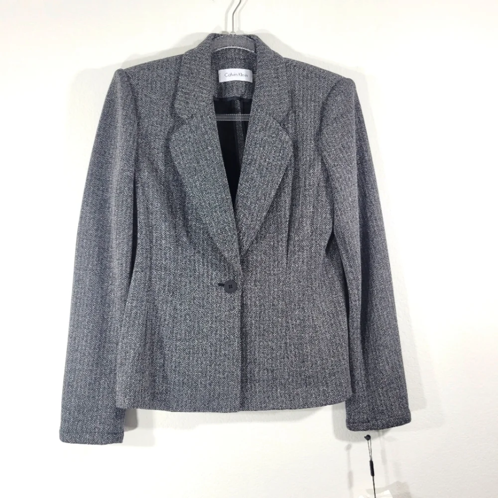CALVIN KLEIN herringbone single-button stretchy knit career interview blazer NEW